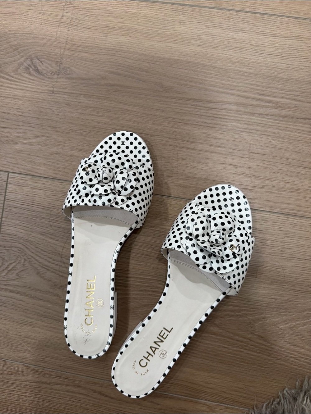 CHANEL White and Black Polka Dot Camellia Slide Mules